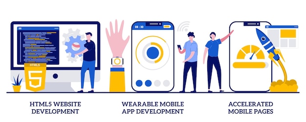 HTML5 website development, wearable mobile app, accelerated mobile pages concept with tiny people. Software and frontend development vector illustration set. Responsive landing design metaphor.