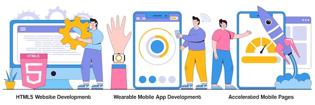 HTML5 website development wearable mobile app accelerated mobile pages concepts with people characters Software and frontend development illustration pack Responsive landing design metaphor