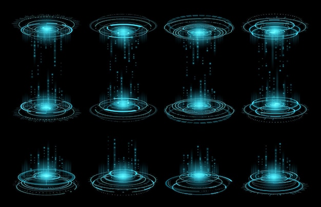 HUD futuristic circular virtual portal. Double-sided and one-sided game portal. Future space travel technology, virtual reality cyberspace and sci fi data transfer interface vector portals