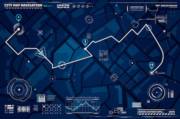 HUD navigation background. City map navigation screen interface backdrop with compass, graphs and map points on computer screen. Car trip or delivery destination and location route map on city streets