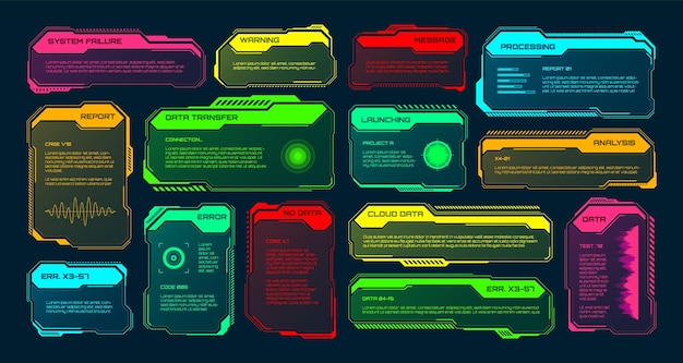 Hud tương lai hoặc các thành phần giao diện người dùng scifi, hộp văn bản giao diện người dùng, chú thích, thông báo cảnh báo đầy màu sắc