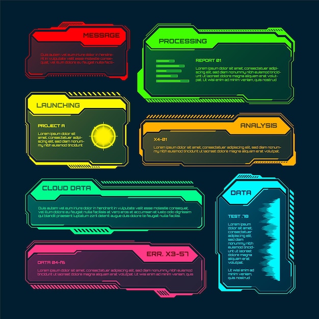 Hud tương lai hoặc các thành phần giao diện người dùng scifi, hộp văn bản giao diện người dùng, chú thích, thông báo cảnh báo đầy màu sắc