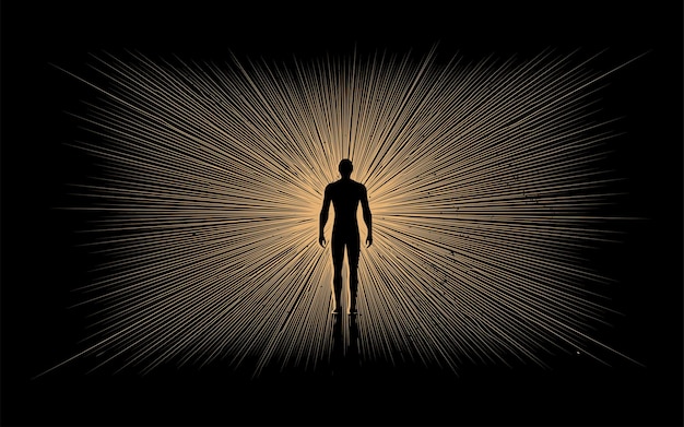 Human being or individuality or personality psychologic concept with abstract human body silhouette surrounded golden rays on black background. Vector eps 10 illustration