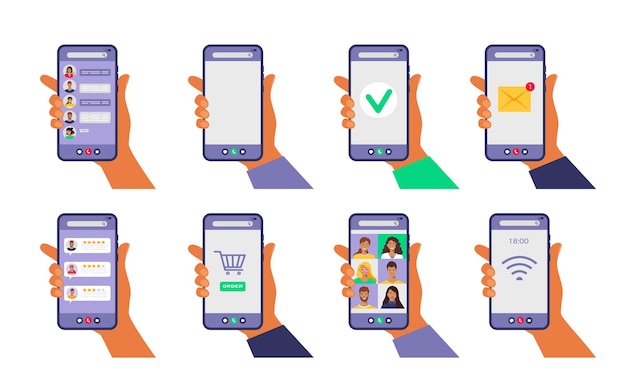 Human hands holding mobile phone with different online content on screen