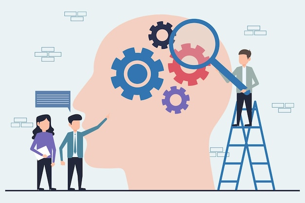 Human head with gears and magnifying glass Teamwork concept Flat design vector illustration