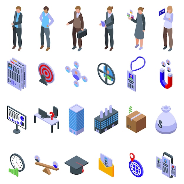 Human resources manager icons set isometric vector Social office Data solution