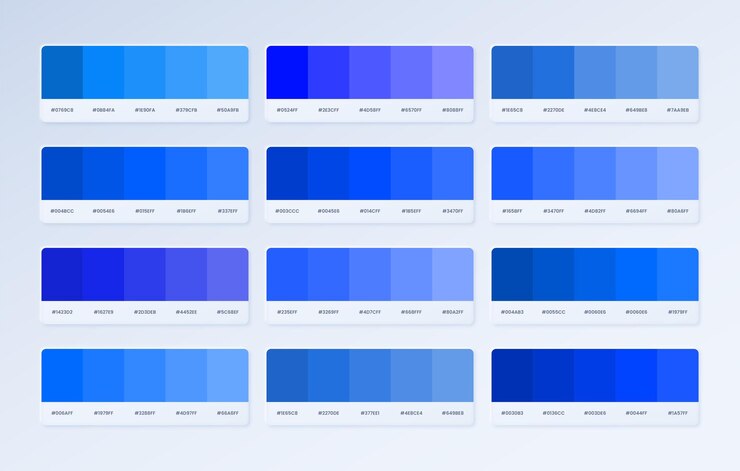 Vector hướng dẫn bảng màu pantone xanh lam. bảng màu phong cách tươi mới ở rgb hex. sắc thái xanh lam phẳng thịnh hành.