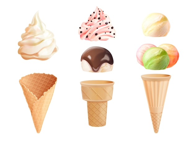 Ice cream constructor Soft icecream ball creating kit shop frozen milk sweets toppings scoop waffle cone cup sorbet yogurt chocolate vanilla flavors exact vector illustration