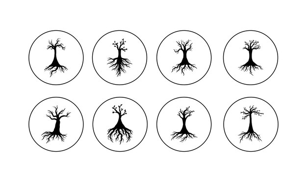 Icon Set of Tree Root Silhouette on White Background