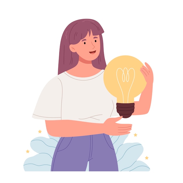 idea conceptbrainstorminghipster girl holding light bulbflathand drawn style
