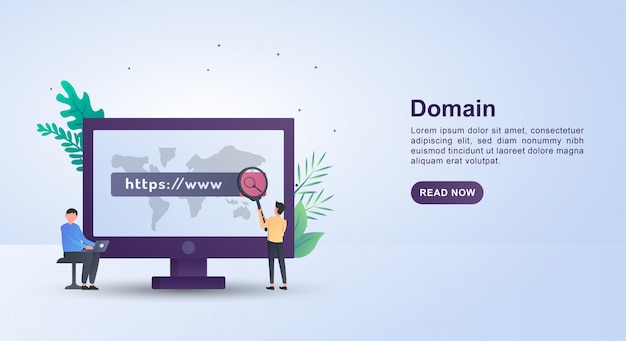Illustration concept of domain with people holding a magnifying glass.