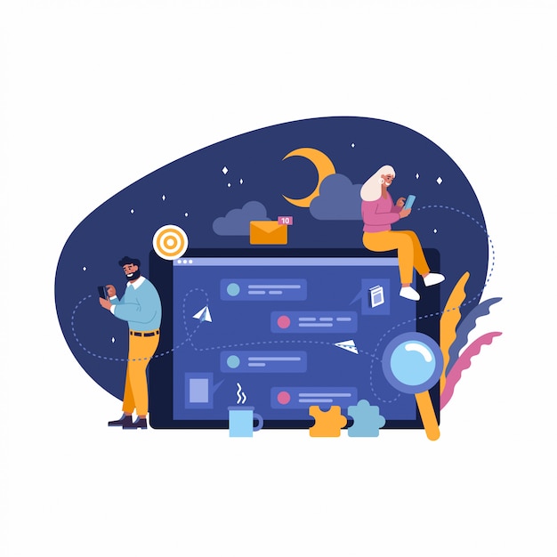 illustration, concept of people communication by mobiles, virtual chat at night, relationship.
