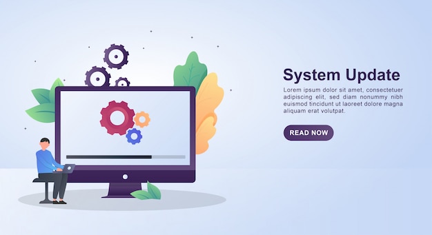 Illustration concept of system update with gears and updating on screen.