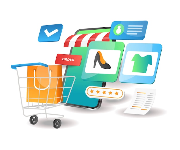 Illustration isometric concept Putting shopping items in online cart