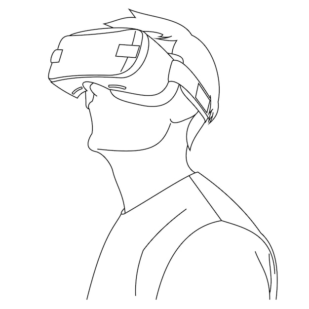 Illustration line drawings of a young man using Virtual Reality glasses Head position looked up