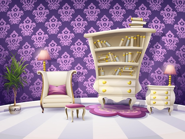 Illustration of a cartoon book cabinet with white furniture