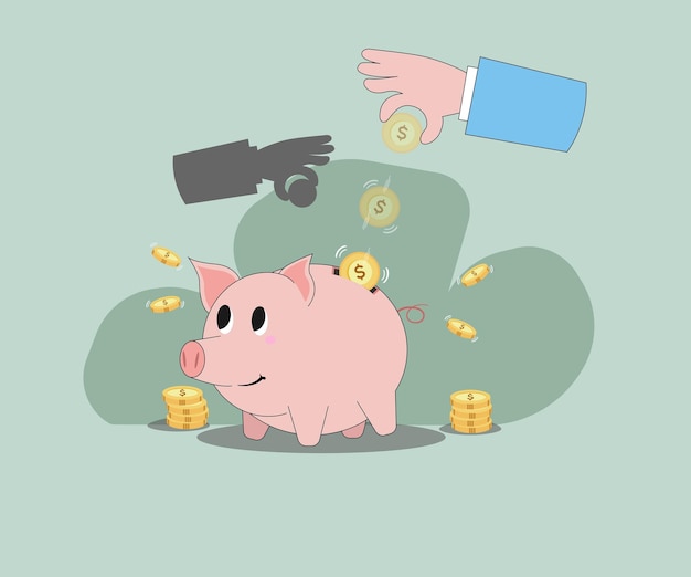Illustration of a cheerful pink piggy bank being filled with golden dollar coins highlighting the i