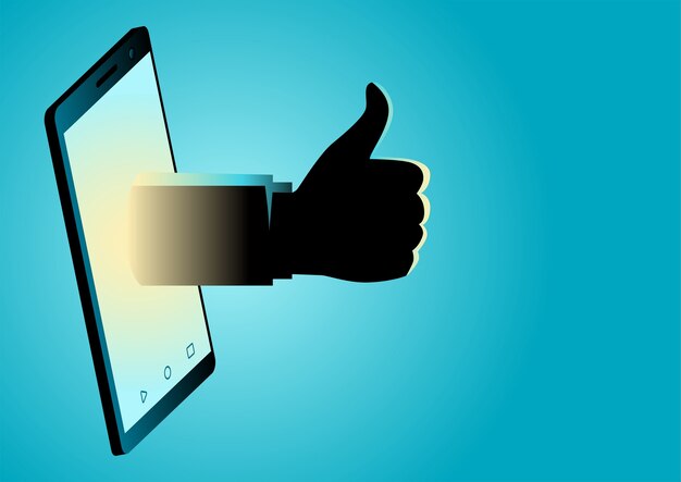  illustration of a hand appearing from smart phone doing thumb up