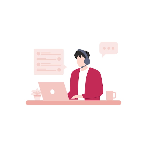 Illustration of a man working at a desk with a laptop and a speech bubble saying'call '