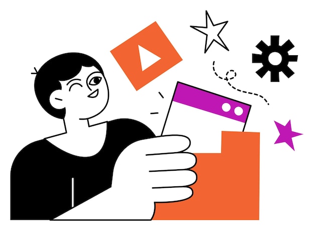 Illustration of a person holding a colorful idea amidst abstract design elements