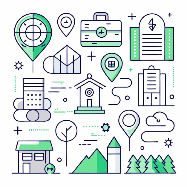 Illustration of buildings trees location pins and other elements