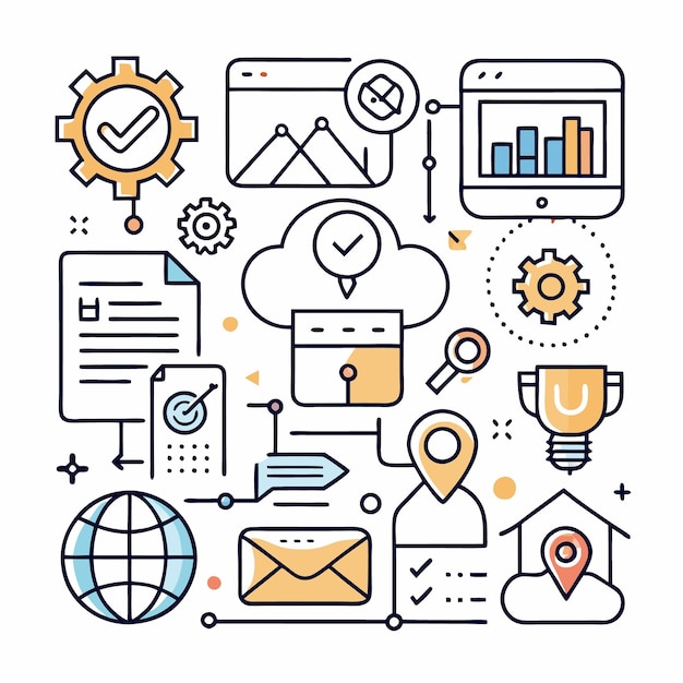 Illustration of business strategy planning and development with icons like check marks gear globe email and graphs