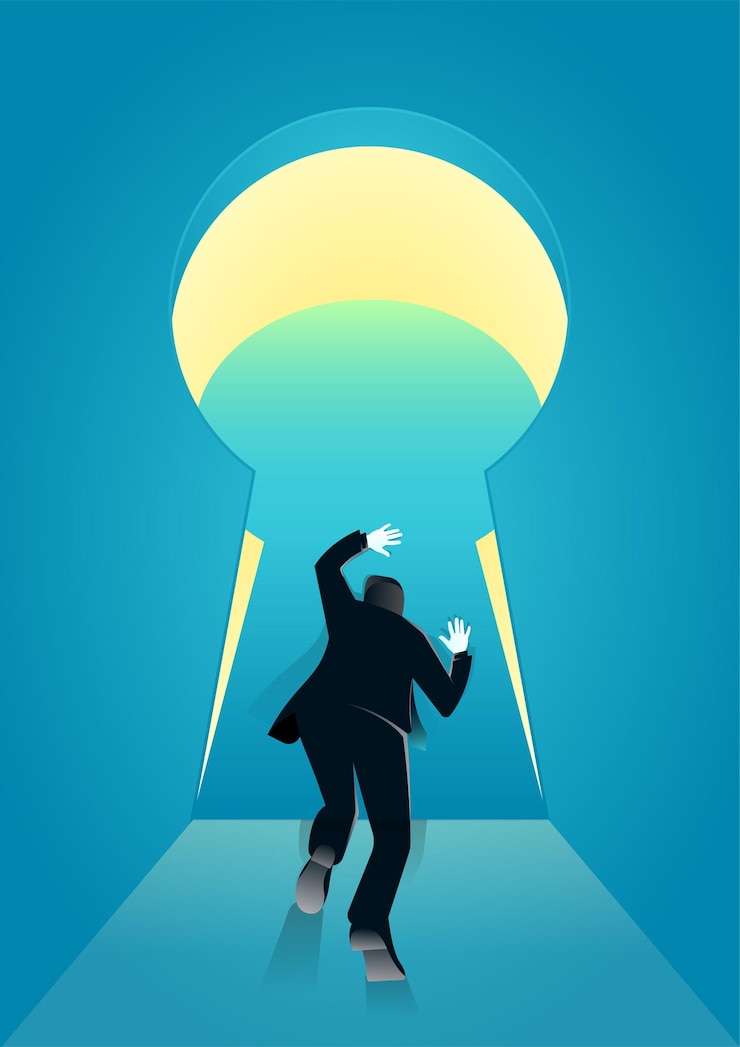 Vector illustration of businessman push the border keyhole