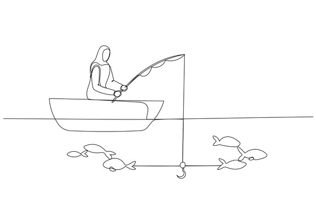 illustration of muslim woman try to get fish but not getting one concept of unsuccessful single line art style