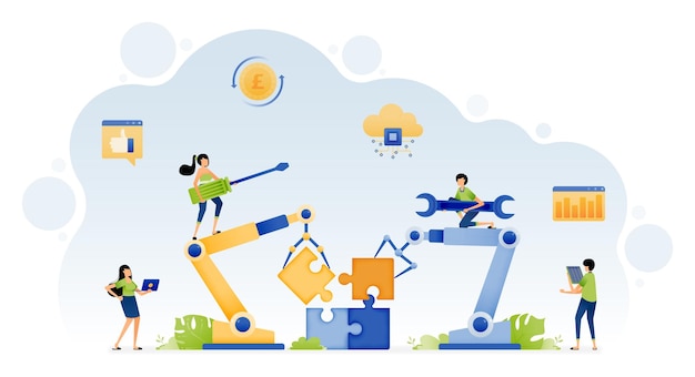 Illustration of people make artificial intelligence tech with machine learning to control robot in puzzle problem solving Design can be for landing page website poster banner flyer mobile app web ads