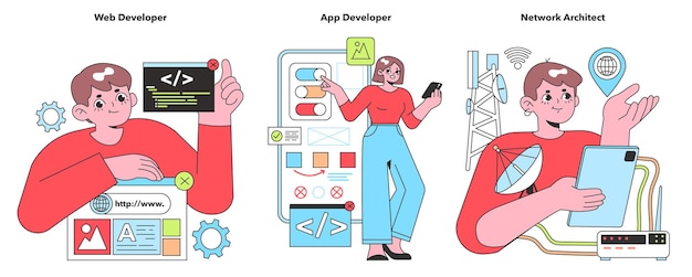 Illustration of tech experts featuring a focused web developer a creative app developer and a