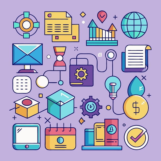 Illustration of various business and marketing icons including documents a globe a lightbulb a gear a calendar and a checkmark