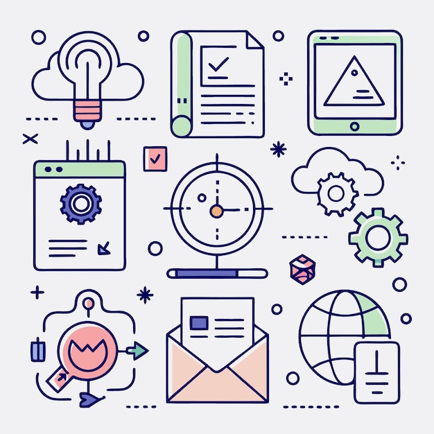 Illustration of various symbols related to business and technology