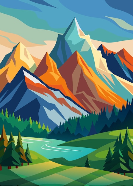 illustration rocky mountains on the river mountains above the lake nature
