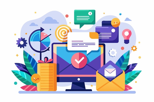 Illustration shows a computer gift box and check mark symbol for a successful email marketing campaign delivering a message and rewarding completion