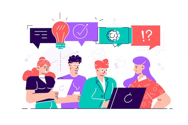 illustration,  style, businessmen discuss social network, news, social networks, chat, dialogue speech bubbles, new projects.