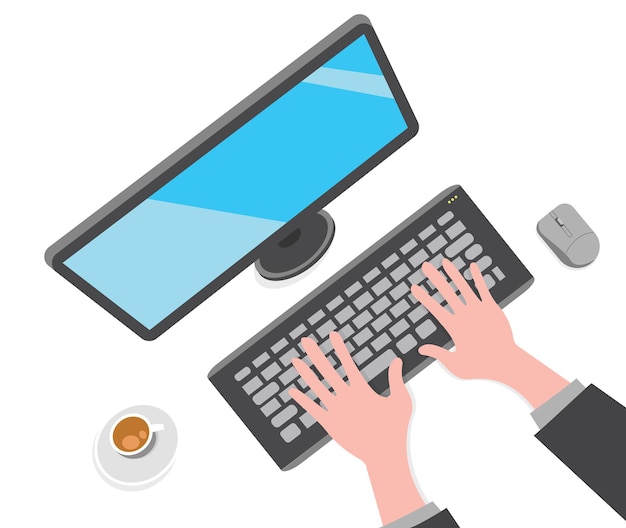 Illustration Working Typing On Computer Screen Monitor Mouse Keyboard Coffee