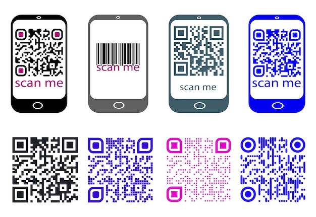 Image displaying various barcode and QR code designs on smartphone screens Different graphic styles are used on a white background Concept of mobile scanning technology Vector illustration