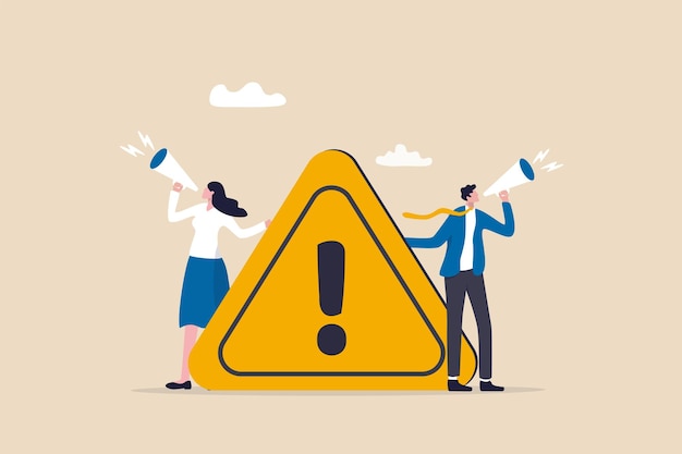 important announcement attention or warning information breaking news or urgent message communication alert and beware concept business people announce on megaphone with attention exclamation sign
