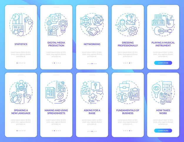 important skills for life blue gradient onboarding mobile app screen set