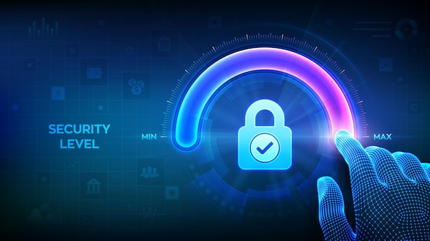 Increasing Security level Cyber security concept Network security Wireframe hand is pulling up to the maximum position circle progress bar with the lock icon Enhance data protection level Vector