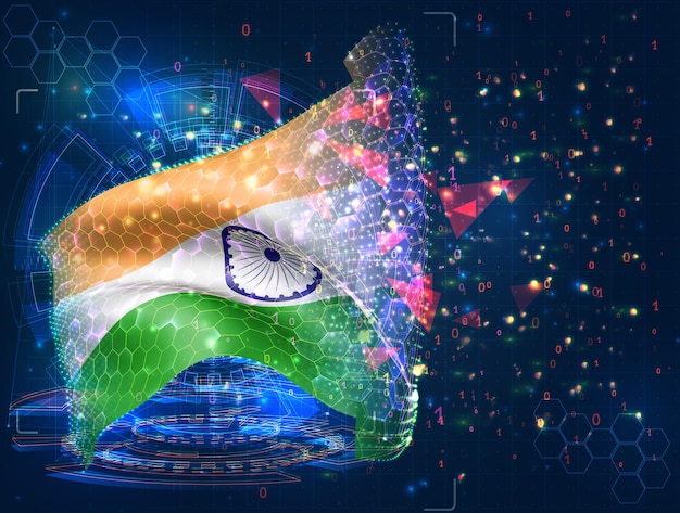 India vector flag virtual abstract 3D object from triangular polygons on a blue background