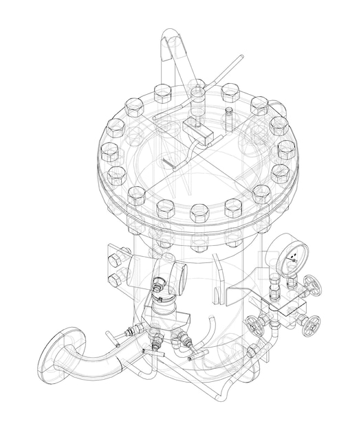 Industrial air filter with taps and pressure gauge. Vector rendering of 3d. Wire-frame style. The layers of visible and invisible lines are separated. Orthography or isometric