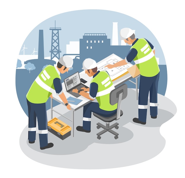 Industrial Construction Engineer worker meeting with laptop and blueprint inside factory and industr