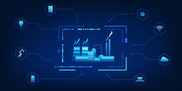 industrial factories connected with various innovation icons represent the development of factories