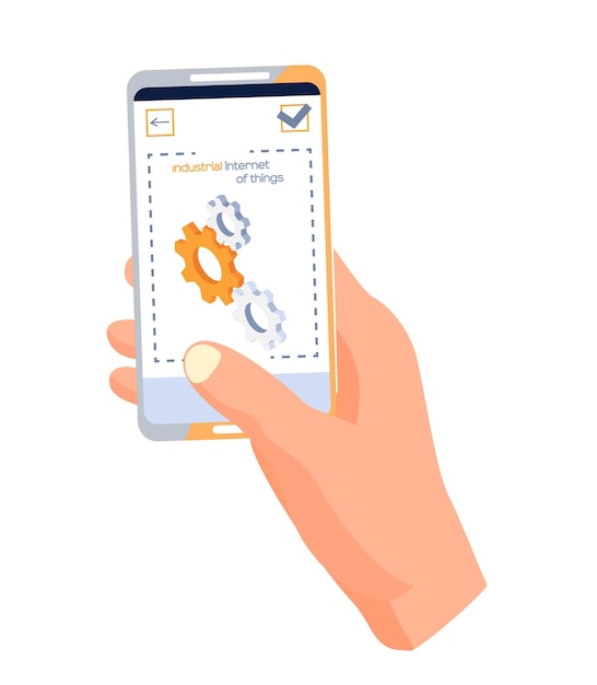 Industrial internet of things application on phone screen with gear sign Business ideas by using digital technology innovative methods in field of information processing digitization and automation