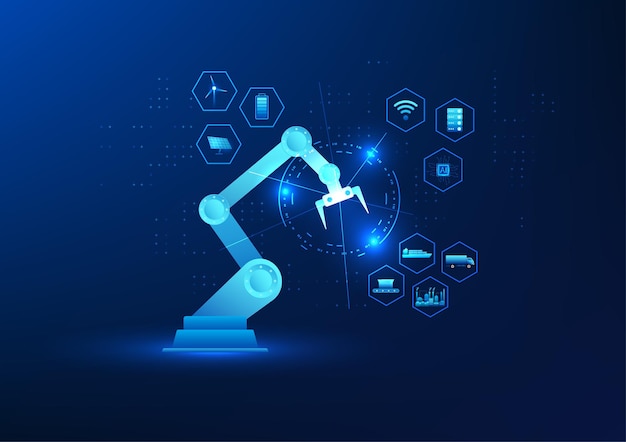 Industrial Technology Robotic Arm with Industrial Icon in Hexagon Shape Represents