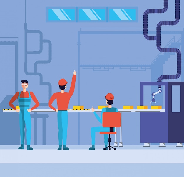 Industrial workers in technified factory