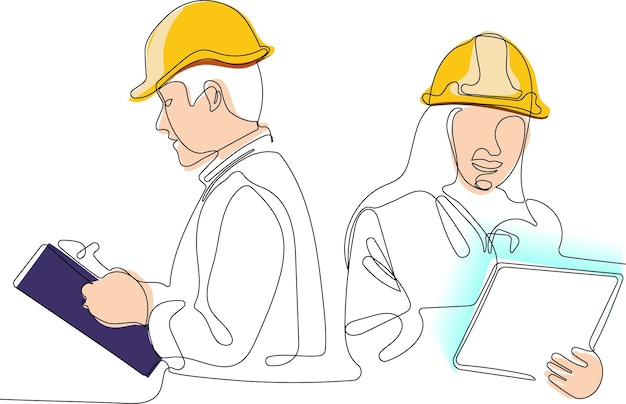 industry engineer wearing uniform and safety helmet under inspection by tablet. minilal line concept