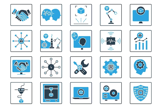 industry icon set industry 50 3d printing artificial intelligence augmented reality advanced sensor intelligent robot etc solid icon style design simple vector design editable