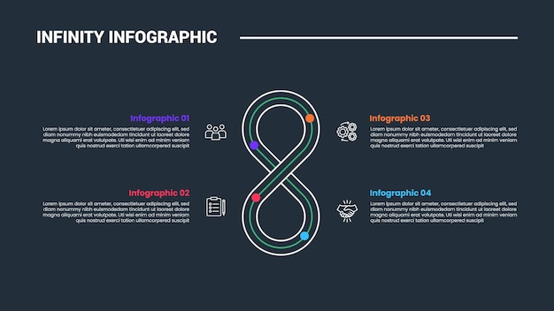 infinity loop concept infographic process diagram with vertical loops on quadrant structure with dark background bright outline style and 4 points